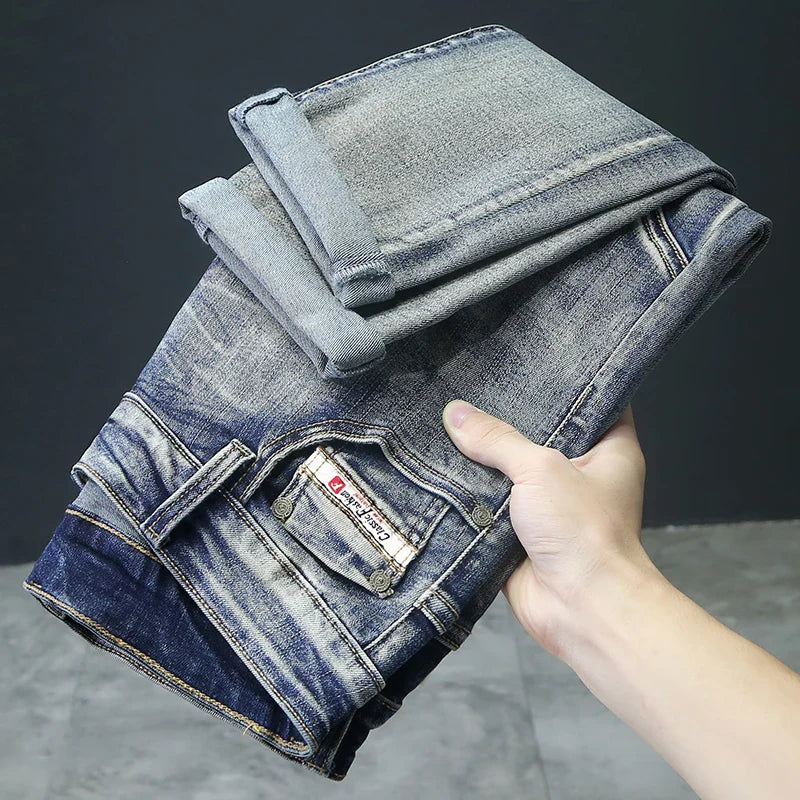 Jean Rétro Homme Slim Élastique Épissé Zip Skinny Crayon Pantalon Harajuku Hip-hop Rock Moto Denim Pantalon Streetwear