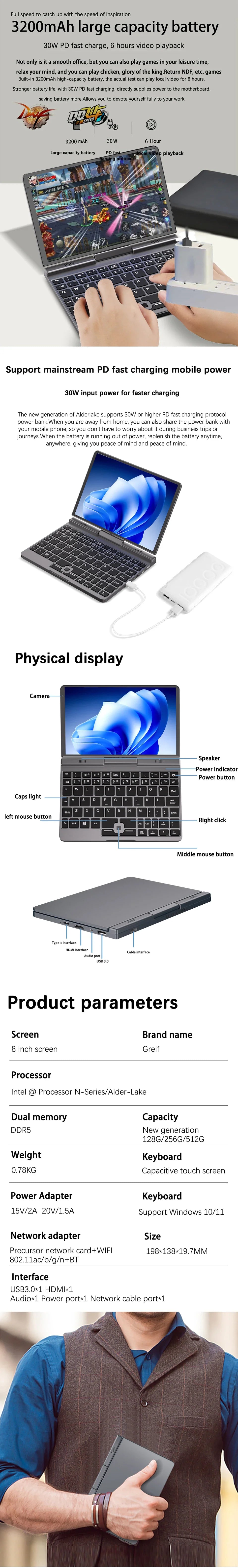 YSJMNPC 12th Gen Mini Laptop Intel N150 Quad Core 8 Inch Screen LPDDR5 12GB 4800MHz M.2 1TB Windows11Pro AX WiFi6 BT5.2 RJ45 LAN