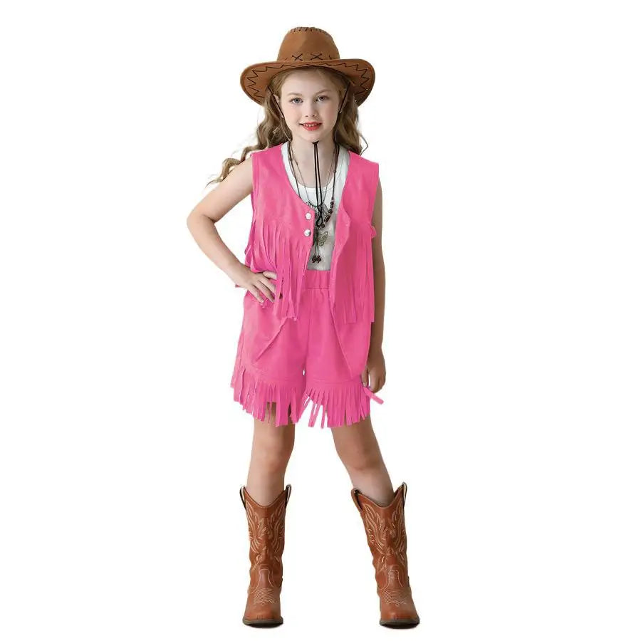 Costume de Cowboy pour filles, gilet à franges, Style bohème rétro, short en Denim occidental en velours pour filles, Costume Hippie
