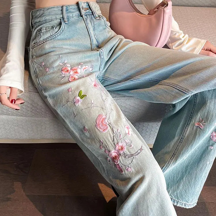 French pink flower embroidered jeans women spring and autumn new high waist fashion slim wide-leg pants embroidered straight