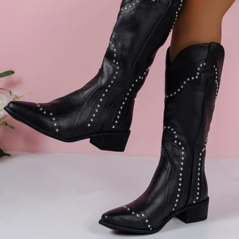 Retro Rivet Mid Calf Cowboy Boots for Women 2024 Autumn Chunky Heels Western Boots Woman Slip on Pointed Toe Cowgirl Boras
