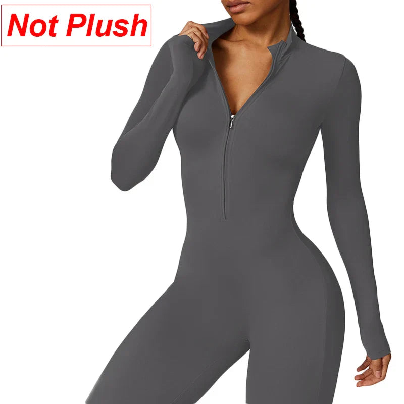 Combinaisons de sport chaudes en peluche pour femmes, survêtement une pièce, Fitness, ensembles de gymnastique d'hiver, manches longues, body d'exercice noir pour femme