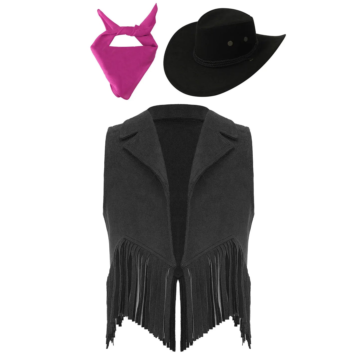Costume de cosplay de cow-boy/cowgirl Western pour enfants, avec franges en fibre de daim, chapeau glacé et bandana, idéal pour une fête à thème ou Halloween