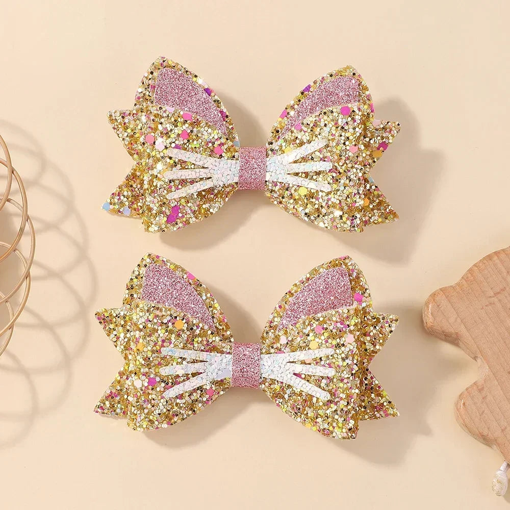 Rainbow Bows 2Pcs Cat Hair Bows Hairclip for Girls Sequin Headclips Headwear Animals Bowknot Hairgripes Kids Hair Accessoreis