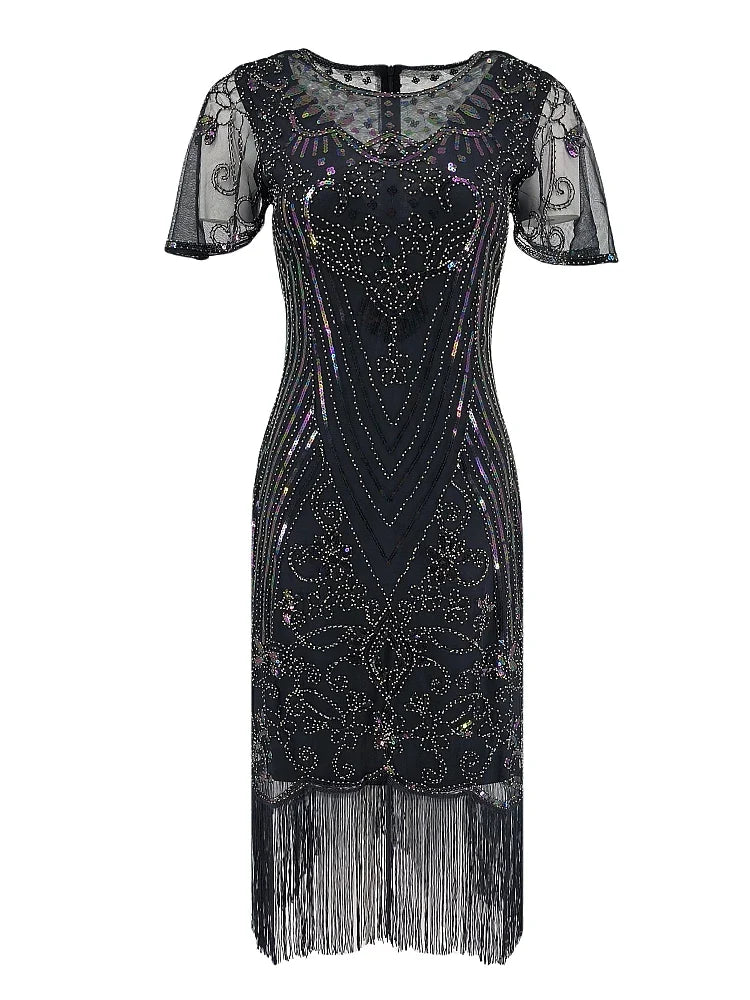 Flapper Dresses 1920s Gatsby Roaring 20s Sequin Beaded Fringe Dress Crew Neck See-through Themed Party Club Dress