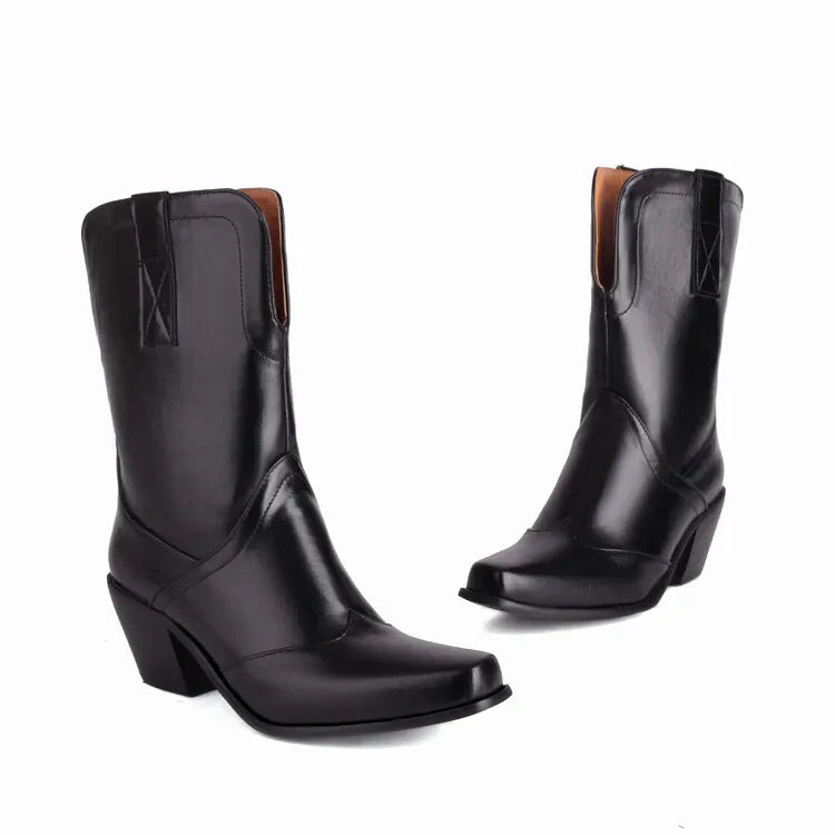 Botas De Mujer Western Cowboy Boots Retro Black Mid Calf Boots for Women Thick High Heels Goth Shoes Big Size 34-48 777-11