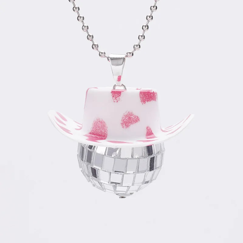 1Pcs Pink Cowgirl Cowboy Hat Disco Ball Neckalace 80s Silver Mirror Balls Pendant for Wedding Birthday Party Favors Decoration
