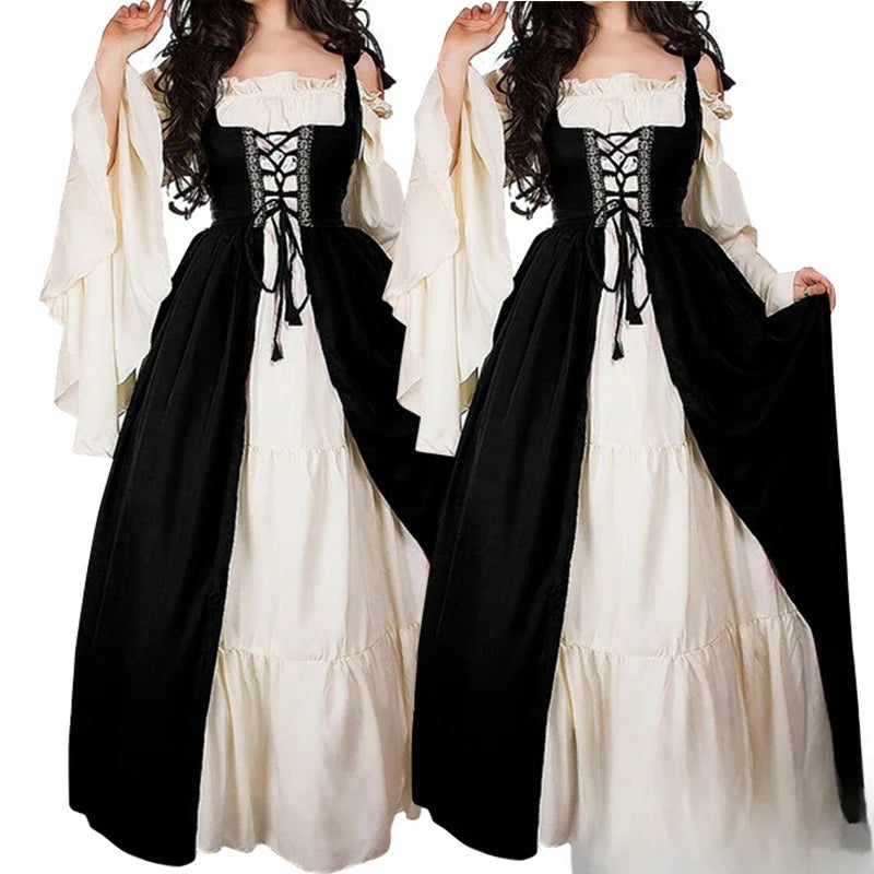 Medieval Cosplay Costume Women Long Sleeves Vintage Robe Fairy Elven Dress Renaissance Princess Court Dresses