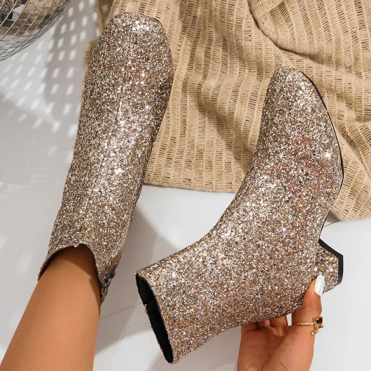 2025 New Women Boots Autumn Winter Party Thick Heels Shoes for Women Fashion Glitter Round End Boots Women Women's Boots