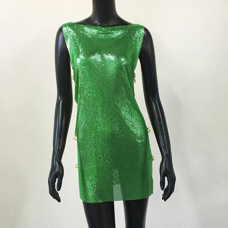 Shiny Y2k Metallic Sequins Mini Dresses For Women Sleeveless Backless Sexy Low Cut See Through Sexy Solid Clubwear Party Dress