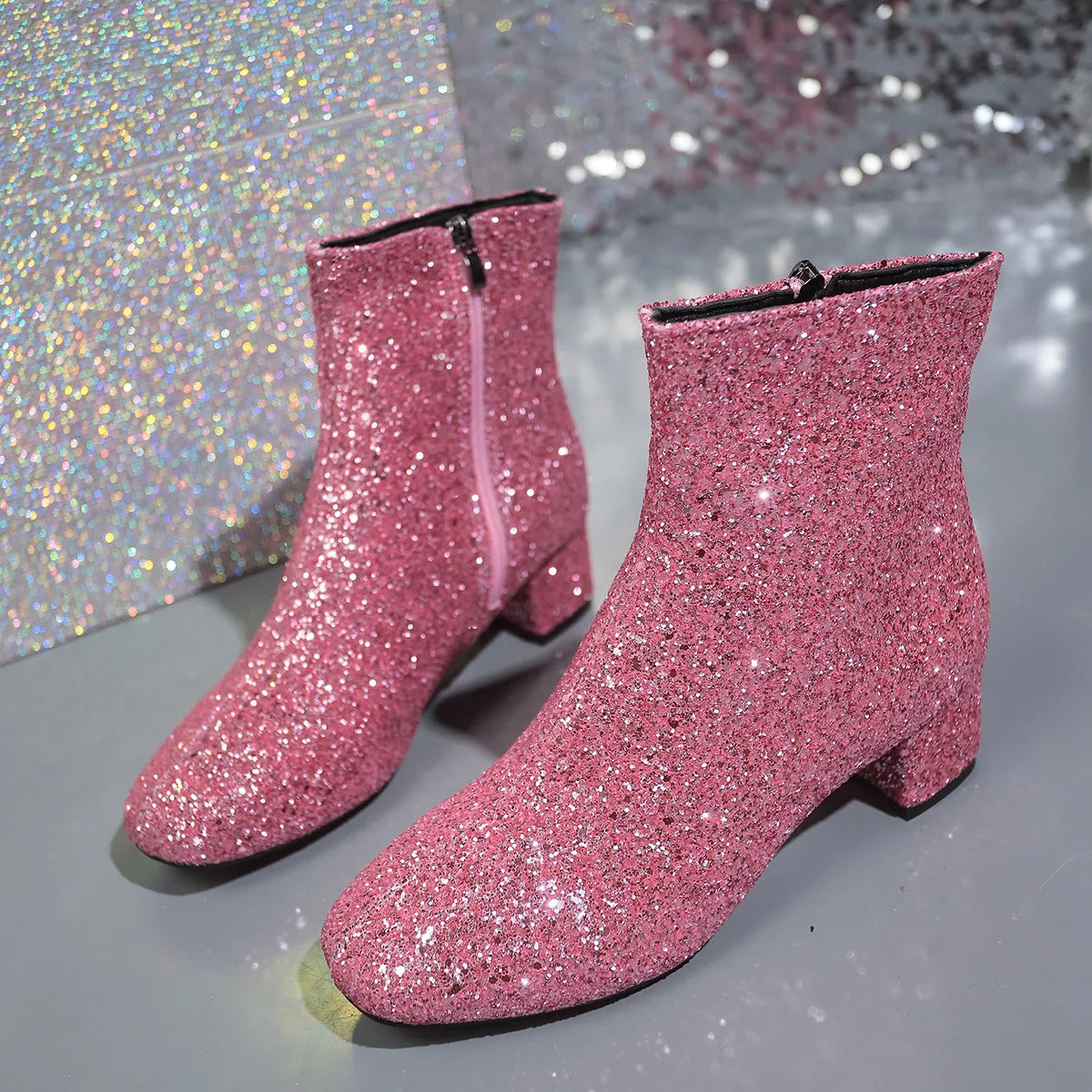 Chaussures pour femmes 2025, bottines d'automne à fermeture éclair latérale, bout pointu, chaussures scintillantes, chaussures de fête à talons bas