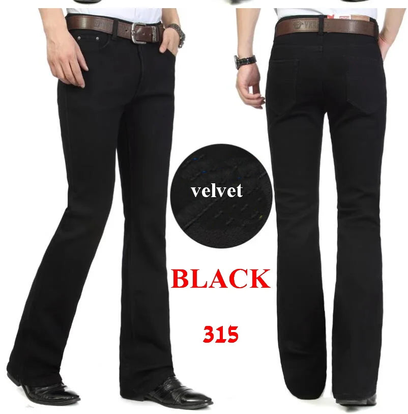 Men's Flared Jeans For Winter Thick Mid High Waist Slim Bell-bottoms Pants Elastic Fared Denim Trousers Size 26-40