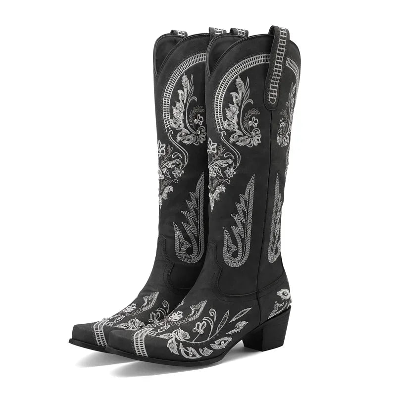 Bottes de cowboy occidentales au genou pour femmes, broderie de fleurs, biscuits, blanc, marron, rond, Parker, talons hauts, rétro, bottes longues de cowgirl