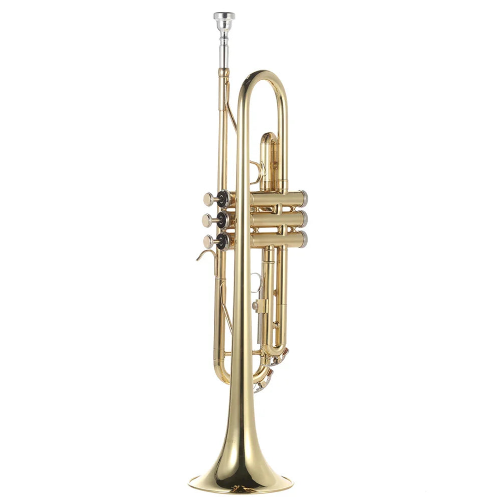 Trompette Bb B plat en laiton peint en or, Instrument de musique exquis et Durable avec Valve d'embout, gants à huile, étui à sangle, trompette Bb