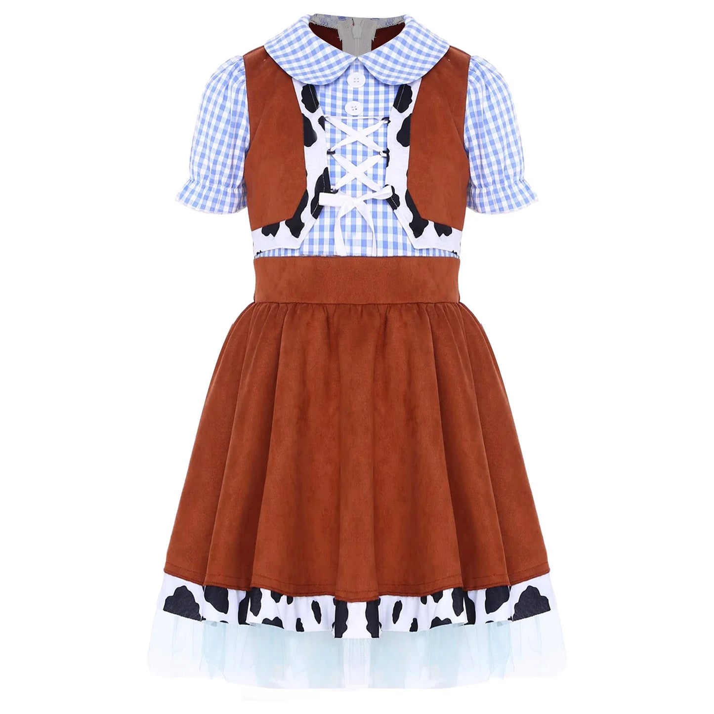 Robe de fête de cosplay de carnaval d'Halloween pour enfants filles costume de cow-boy occidental de cowgirl, robe trapèze à manches bouffantes à imprimé vache et vichy