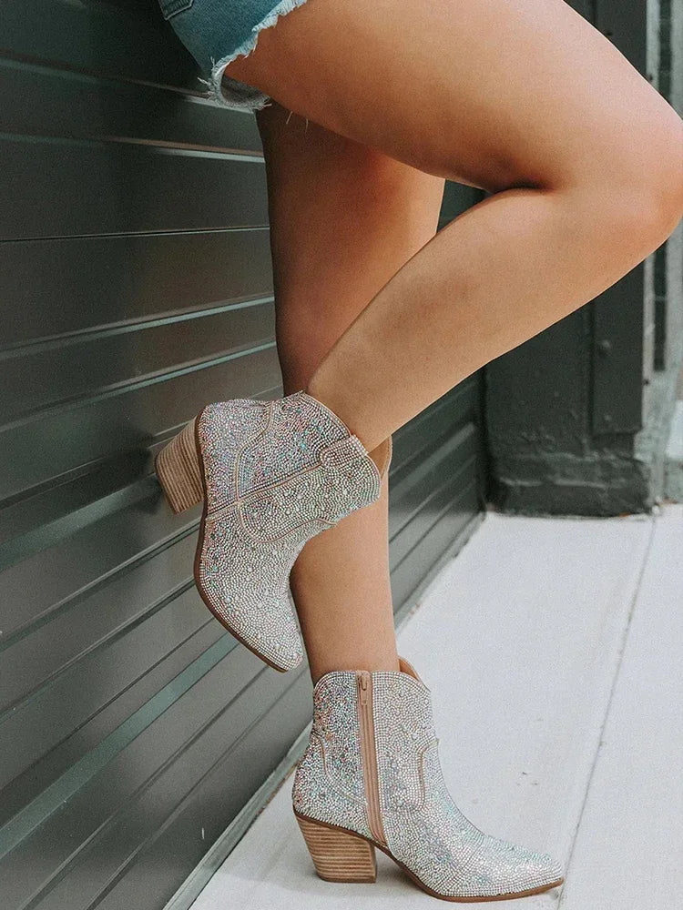 Western Cowboy Boots Fashion Women Ankle Boots Glitter Bling Shiny Trend High Heels High Quality Shoes