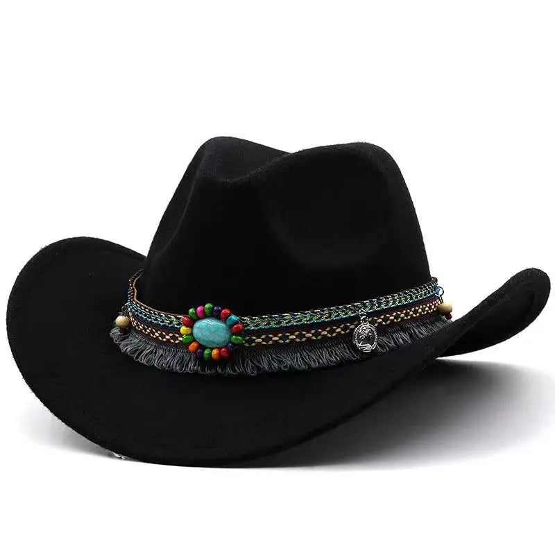 Western Cowboy Wool Hat with Pompom, Montana Sombrero Belt for Men and Women, Cowgirl, Solid Color, Jazz, Stylish Hollow Design for Lady