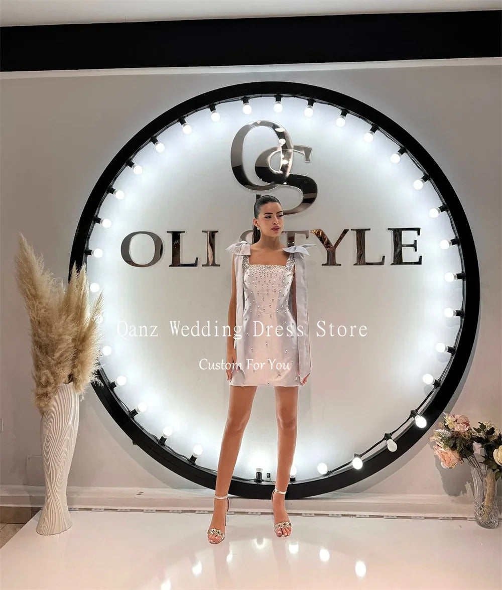 Qanz Luxury Crystal Dresses 2024 Women Short Prom Dress Bow Straps Pink Lace Up Back Robes De Cocktail Party Gowns Customized