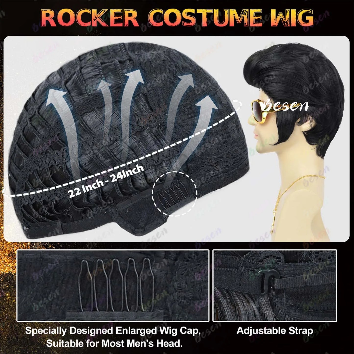 Perruque Synthétique Légendaire Rock Années 50 60 pour Hommes Perruque Elvis Perruque de Chanteur Rocker des Années 1950 avec Accessoires pour Cosplay Fête d'Halloween