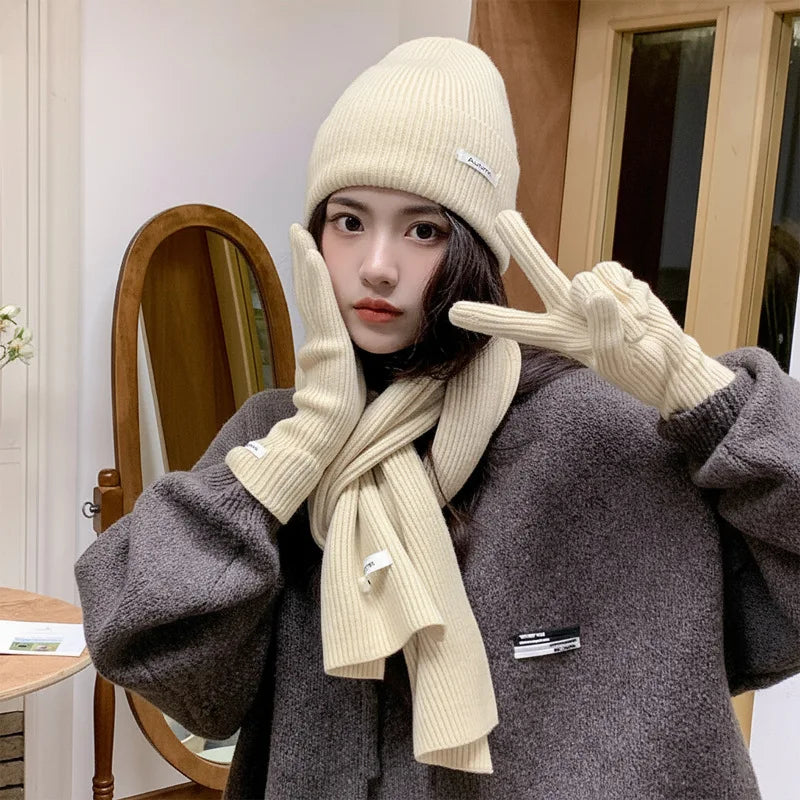 Ensemble chapeau, écharpe et gants en laine tricotée de couleur unie-ensemble de noël chaud du nouvel an rouge en faux cachemire automne/hiver