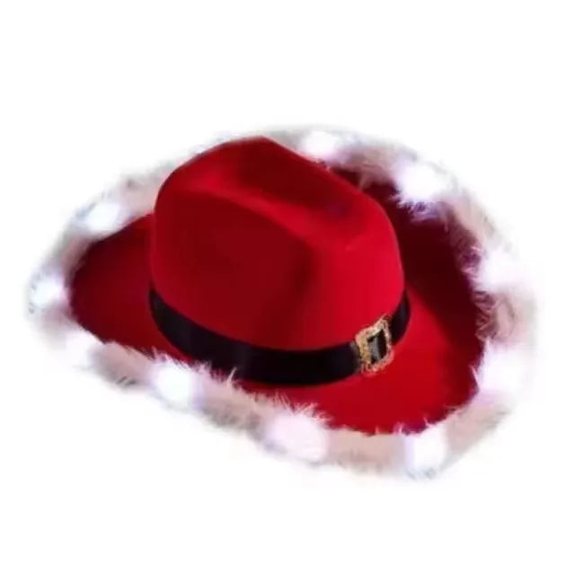 Chapeau de cowboy lumineux de Noël pour fête du Père Noël, chapeaux en feutre rouge occidental, chapeau de cowgirl à large bord, chapeau de jazz pour femmes et hommes
