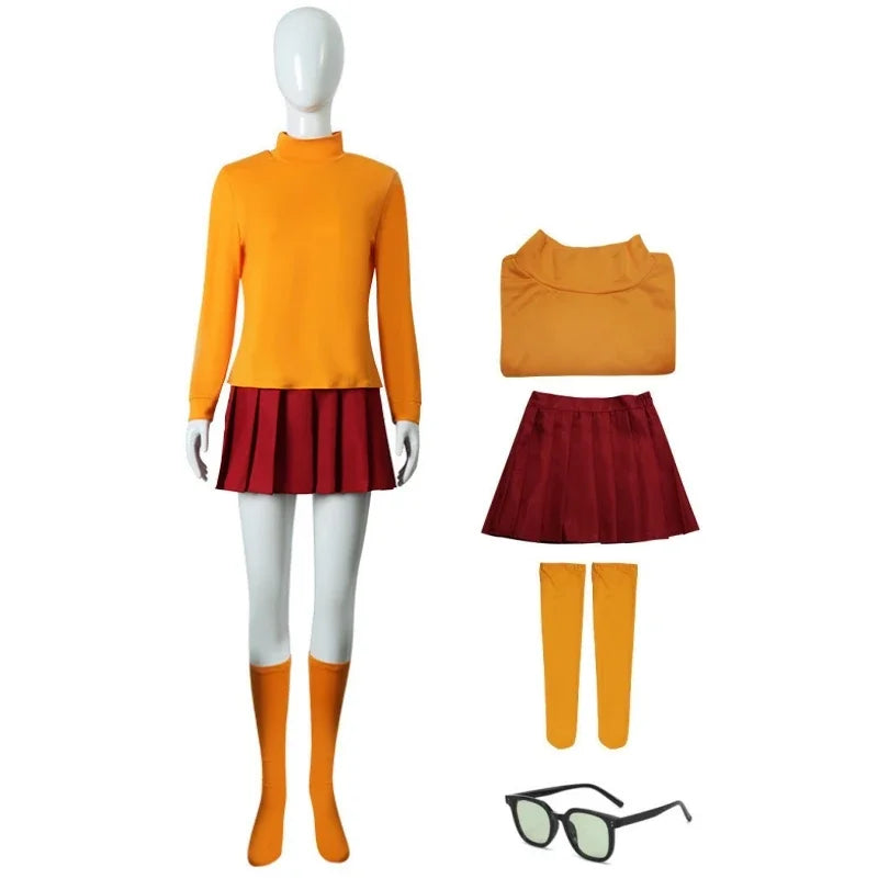 Halloween Velma Cosplay Costume Orange Short Skirt Uniform Women Orange Socks Top Skirt Halloween Party Carnival Set