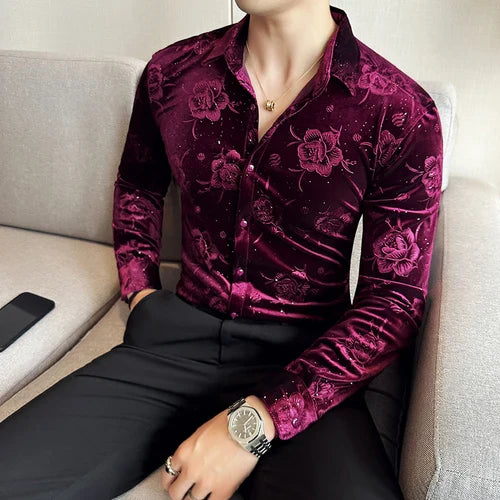 Men's Long Sleeve Velvet Flower Shirt New Luxury Printed Business Casual Dress Shirts Formal Social Party Turn Down Collar Tops