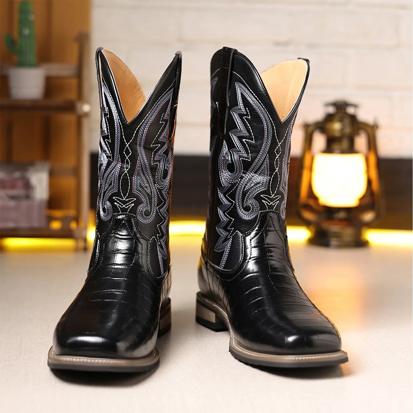 Bottes de cowboy pour hommes - Bottes western pour hommes avec broderie, bout carré, talon épais, chaussures rétro classiques durables et à la mode