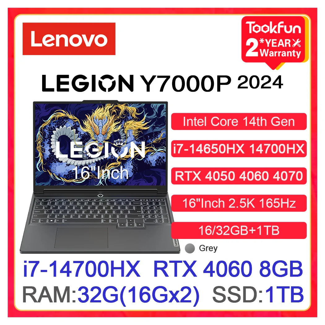 Lenovo Gaming Laptop LEGION Y7000P (5i Gen 9) 2024 Intel i7 14650HX NVIDIA RTX 4050 4060 4070 16"Inch 2.5K Computer PC Notebook