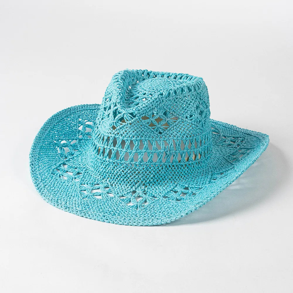 Chapeau de paille de cowboy vert matcha, tissé à la main, creux, pour hommes et femmes, chapeau de soleil d'été, chapeau de paille de cowboy occidental