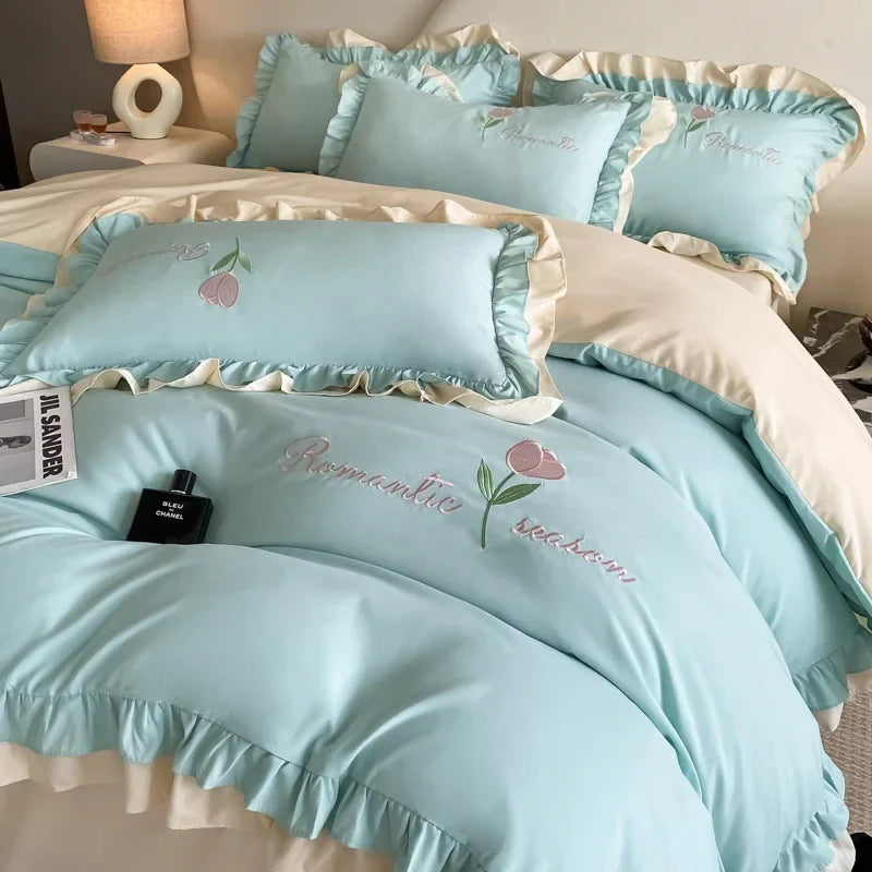 Elegance French Style Bedding Set Duvet Cover Set High Quality 2024 New Lace Princess Embroidery Double Layer Edge King Queen