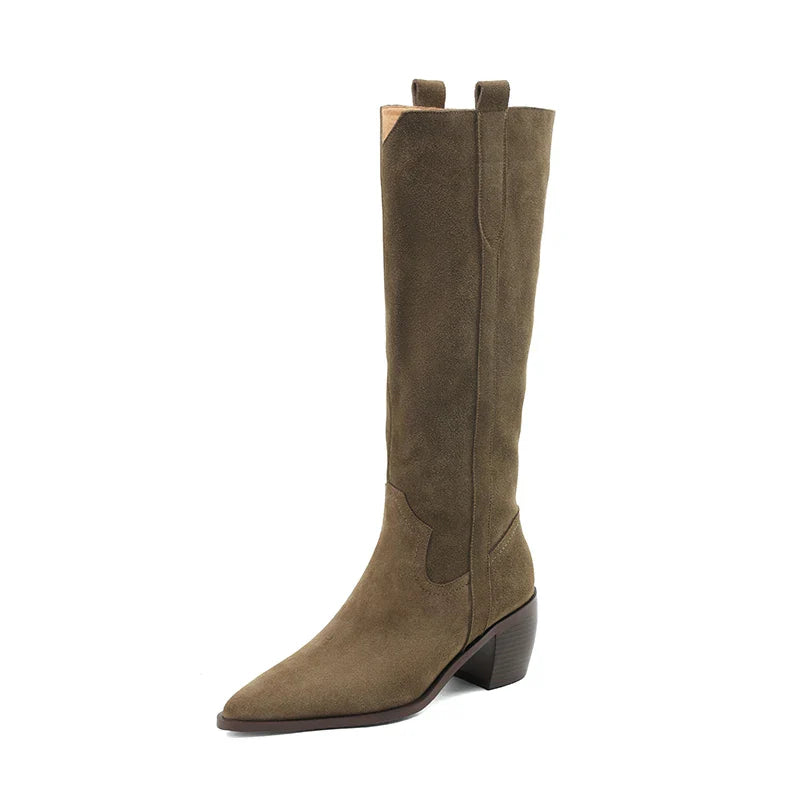Bottes de Cowboy en Daim de Vache à Talons Hauts pour Femme, Style Vintage, Style Country Western, à la Mode, Automne Hiver