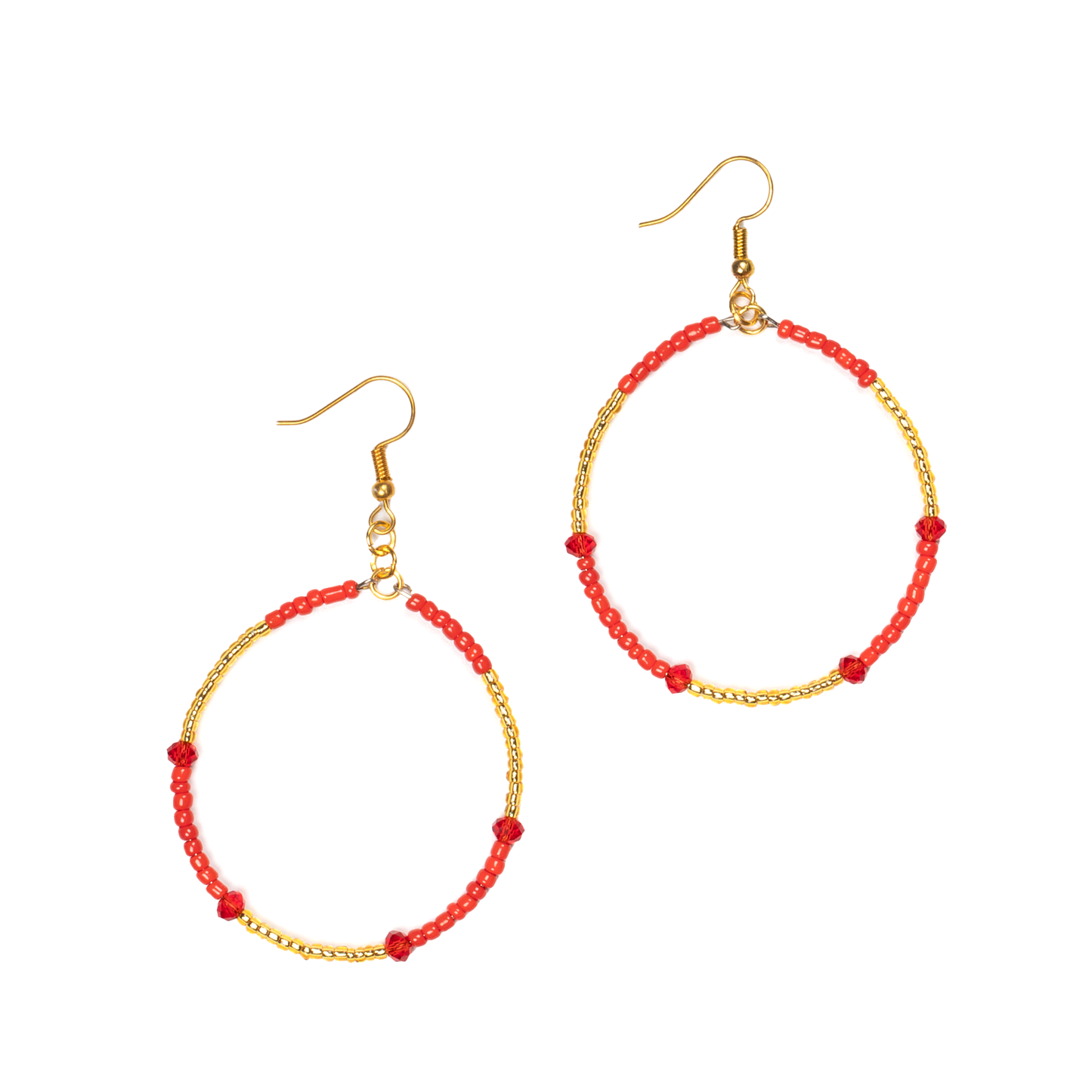 Mixed Bead Hoop Earring In Red & Gold