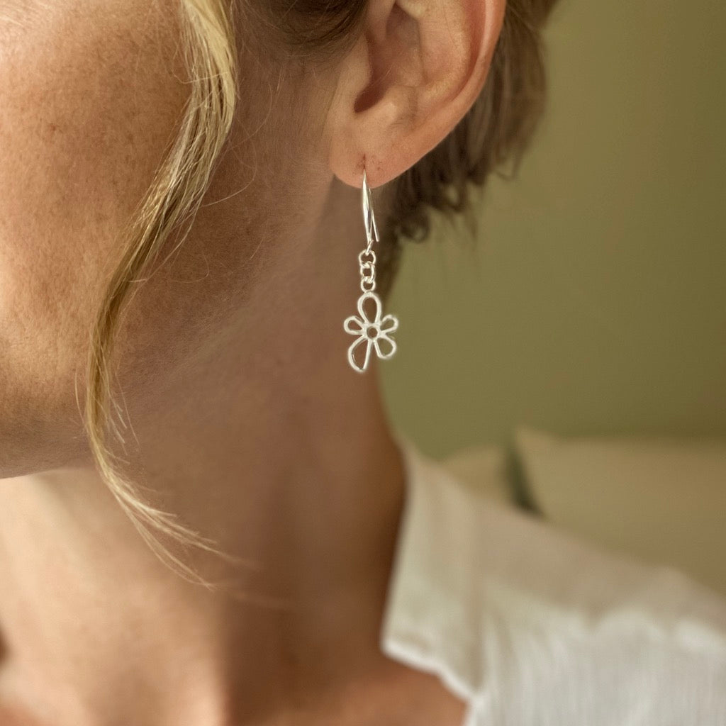 Boucles d'oreilles pendentifs fleur en plaqué argent