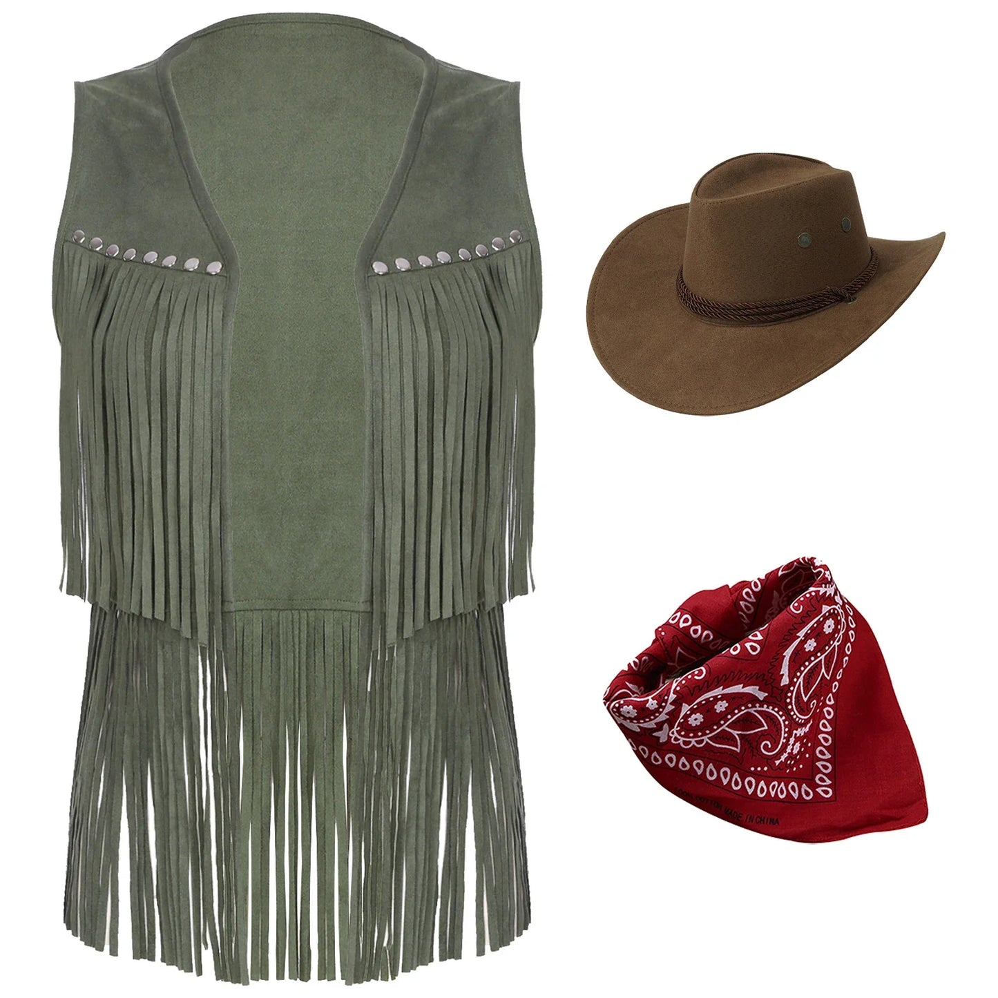 Women Cowboy Vest Halloween Party Western Cowgirl Cosplay Costume Faux Suede Tassel Fashion Rivets Waistcoat with Bandanna Hat