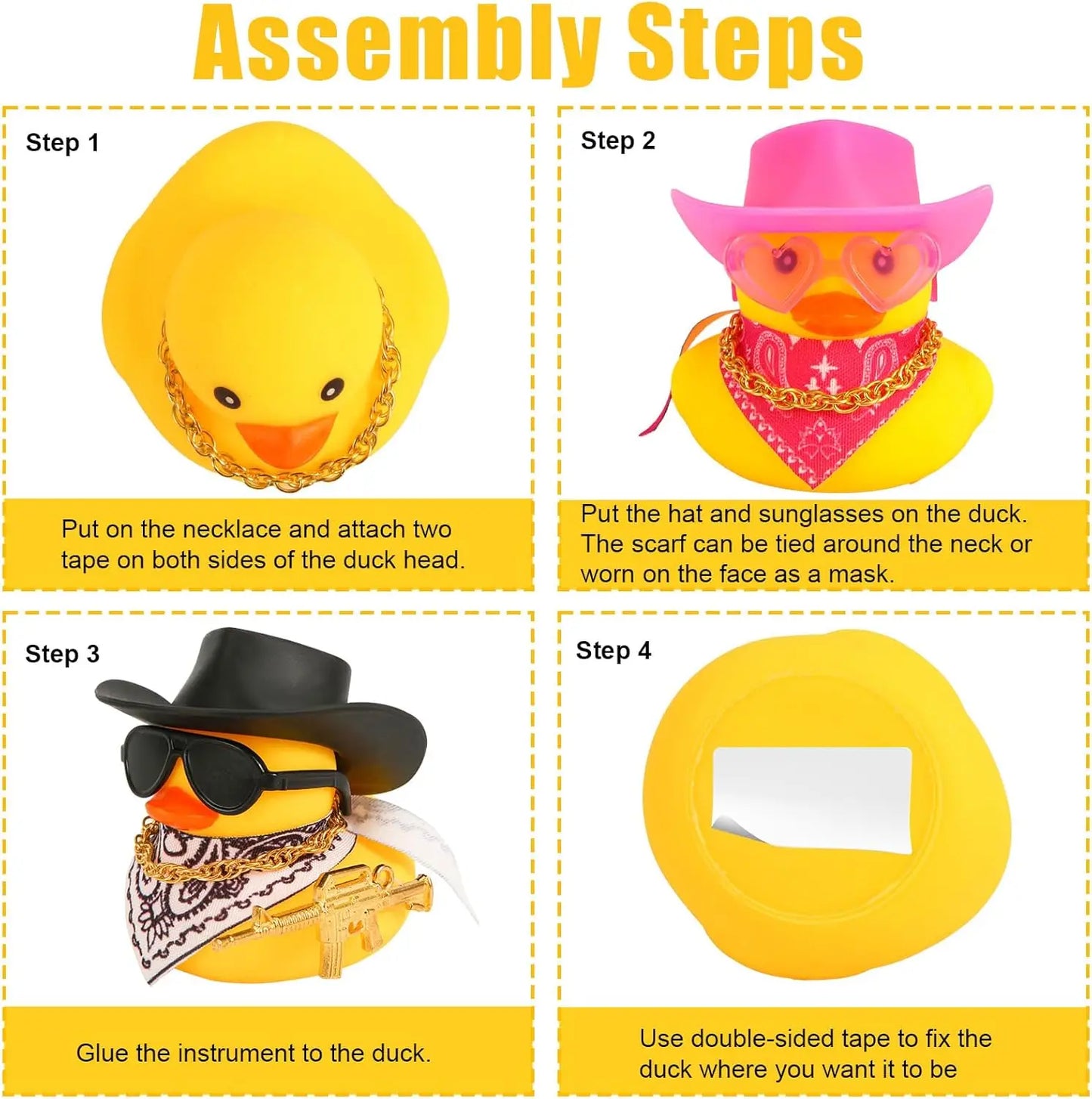 2 canards en caoutchouc amusants pour tableau de bord de voiture - Canard avec chapeau de cowboy, écharpe, lunettes de soleil, arme pour décoration de voiture, de bureau.