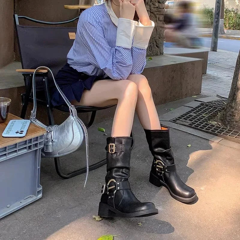 Bottes d'hiver de cowboy pour femmes, bottines décontractées à enfiler, fond épais, style moderne