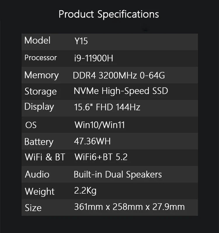 Genmachine Laptop Computer Intel i9 11900H 15.6” 144Hz NVIDIA GeForce RTX 3060 DDR4 M.2 2280 NVME SSD Business Gaming Laptops