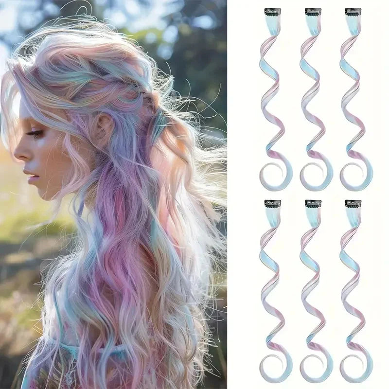 Extensions de cheveux Licorne 6 pièces de 55 cm, cheveux bouclés synthétiques à clipser pour femmes, idéales pour les déguisements d'Halloween et de Noël