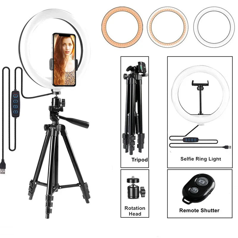 LED Selfie anneau lumineux photographie vidéo lumière RingLight support de téléphone trépied lumière de remplissage lampe à intensité variable Trepied Streaming 10 "26 cm