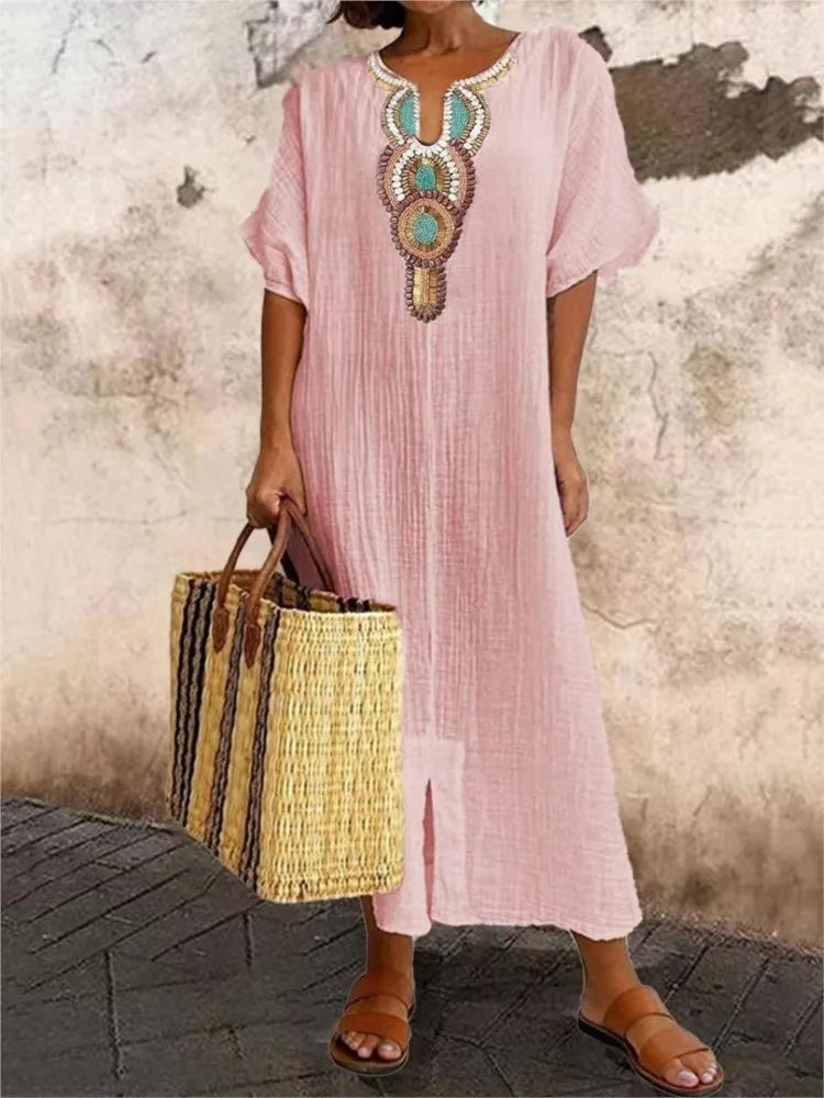 Embroidered Fashion O-Neck Short Sleeve Women Dresses Summer New Casual Unique Slit Dress Elegant Female Vacation Dress Robe