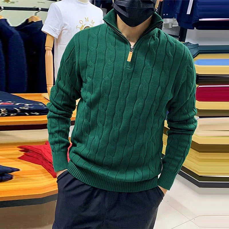 Men's Luxury Leisure Knit Mock Turtleneck Zipper Pullover Sweater Streetwear Retro Solid Long Sleeve Popular Jacquarded Knitwear