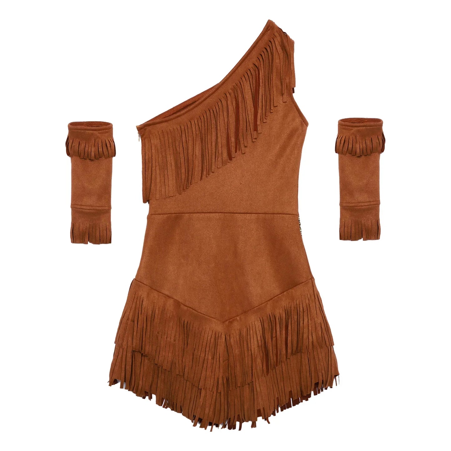 Vintage Western Cowgirl Cosplay Costume, Halloween Theme Party Outfits, Fringed Suede Dress with Fringed Sleeves