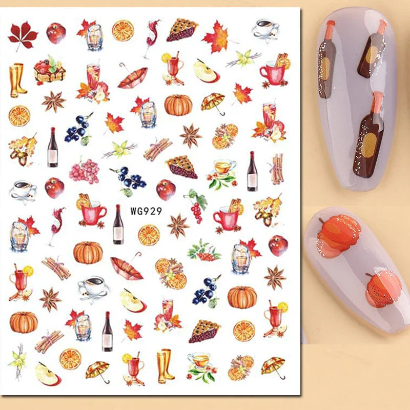 Autocollants 3D pour ongles Hiver Automne Feuilles dorées Roses Rouges Fleurs Décalcomanies pour la décoration des ongles Salon de manucure Beauté