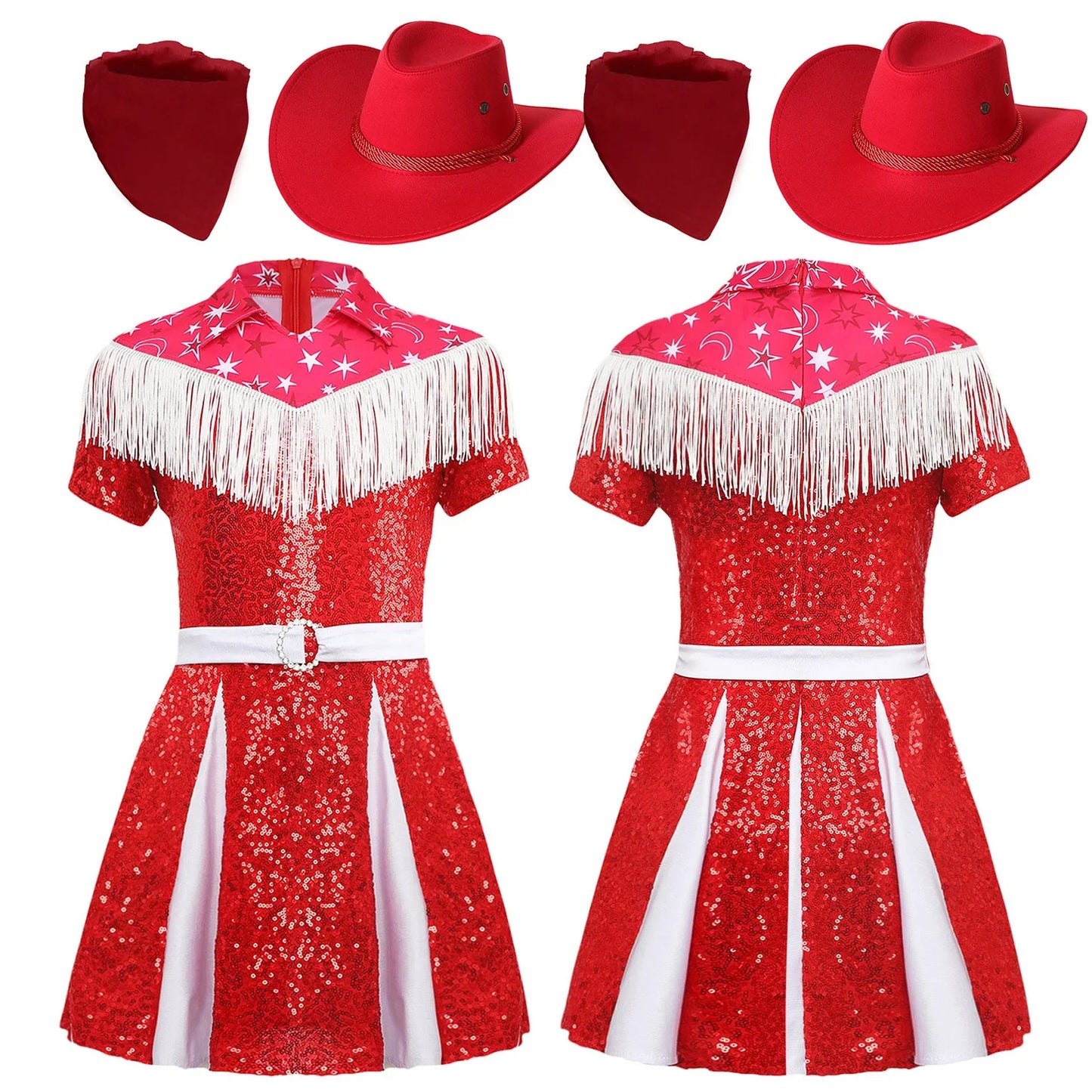 Déguisement de cow-girl pour enfants filles, robe à franges et paillettes avec chapeau de cowboy et bandana, tenue de fête de carnaval d'Halloween
