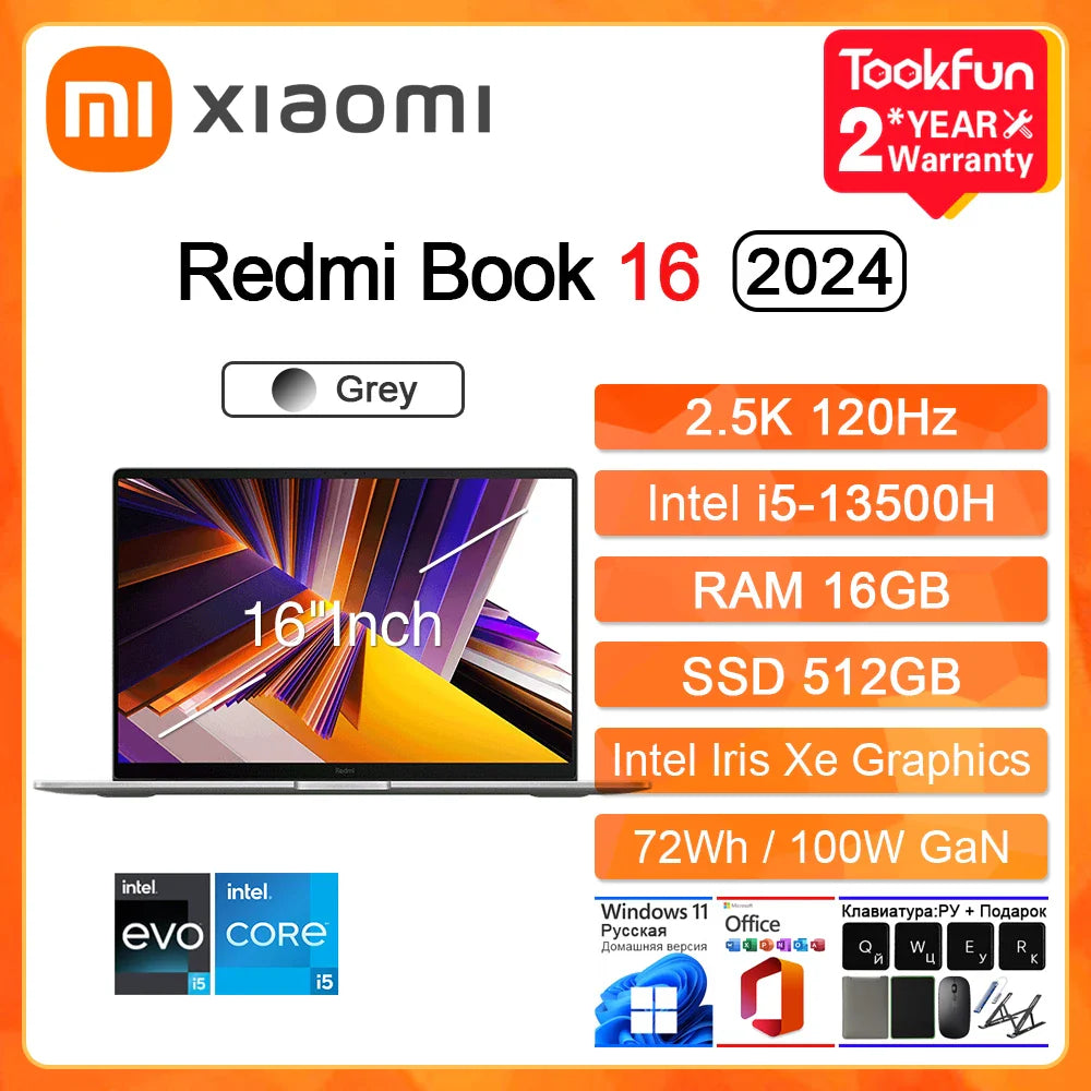XIAOMI Redmi Book 16 2024 Laptop Intel i5 13500H RAM 16GB SSD 512GB 16"Inch 2.5K 120Hz Windows 11 Notebook Ultrabook Computer PC