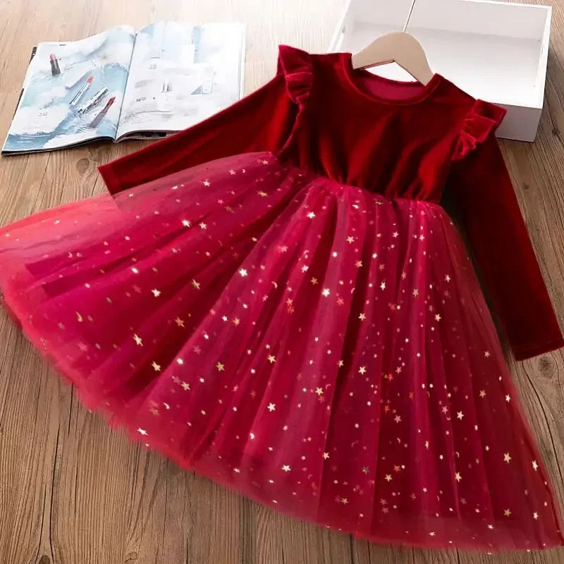 Green Christmas Dress for Kids Girls Autumn Long Sleeves Princess Dresses Children Winter Birthday Party New Year Costume 3-8Yrs