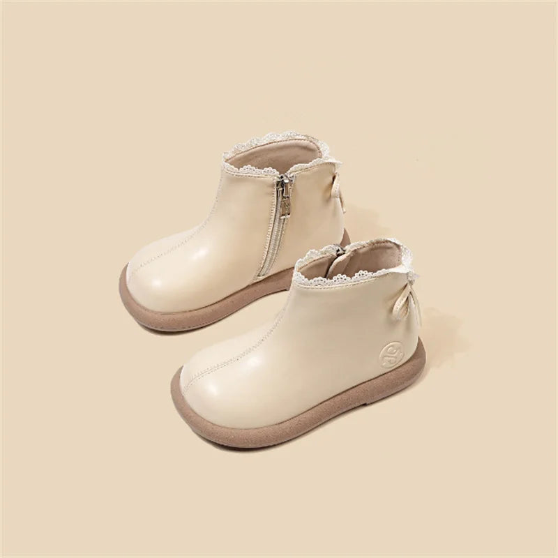 2024 New Autumn Children Boots Leather Girls Ankle Boots Lace Butterfly-knot Rubber Sole Fashion Toddler Kids Boots EU 21-30