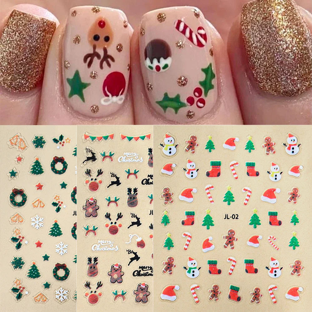30Pcs Christmas Santa Claus 3D Nail Art Stickers Glitter Cartoon Snowflakes/Snowman/Pine Winter Sliders Xmas DIY Manicure Decals