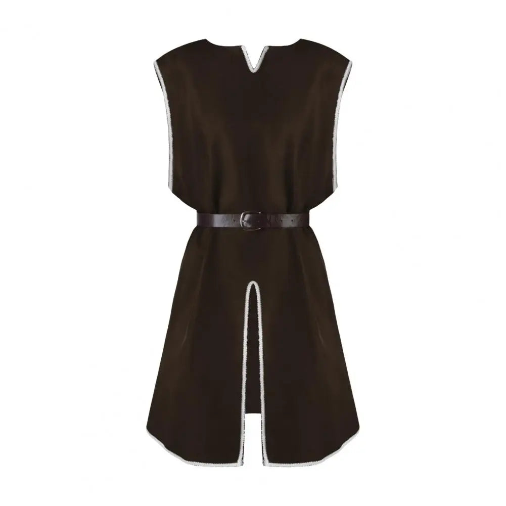Tunique Viking Médiévale Chemise Col V Sans Manches Avec Ceinture Mi-Longue Grande Taille Cosplay Performance Déguisement Halloween Haut de Pirate